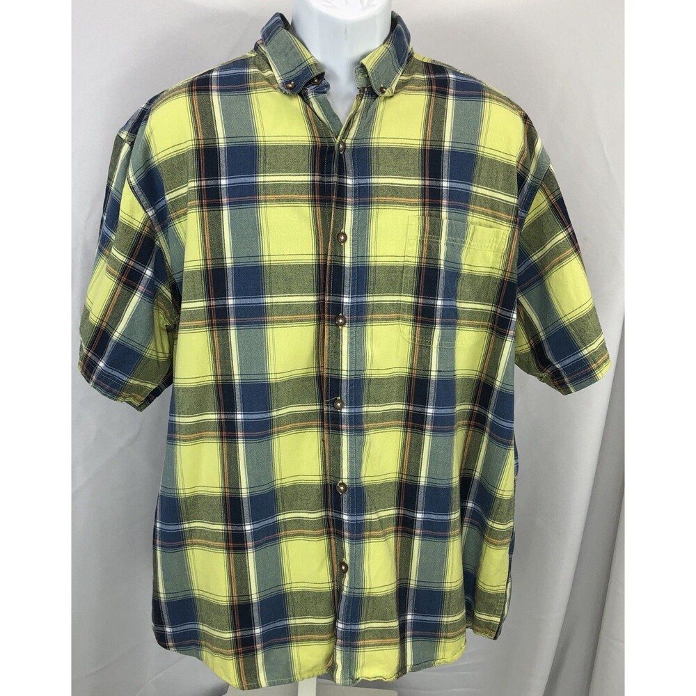 Bit & Bridle Button Up Oxford Shirt XL Green Blue Plaid Tartan Short Sleeve